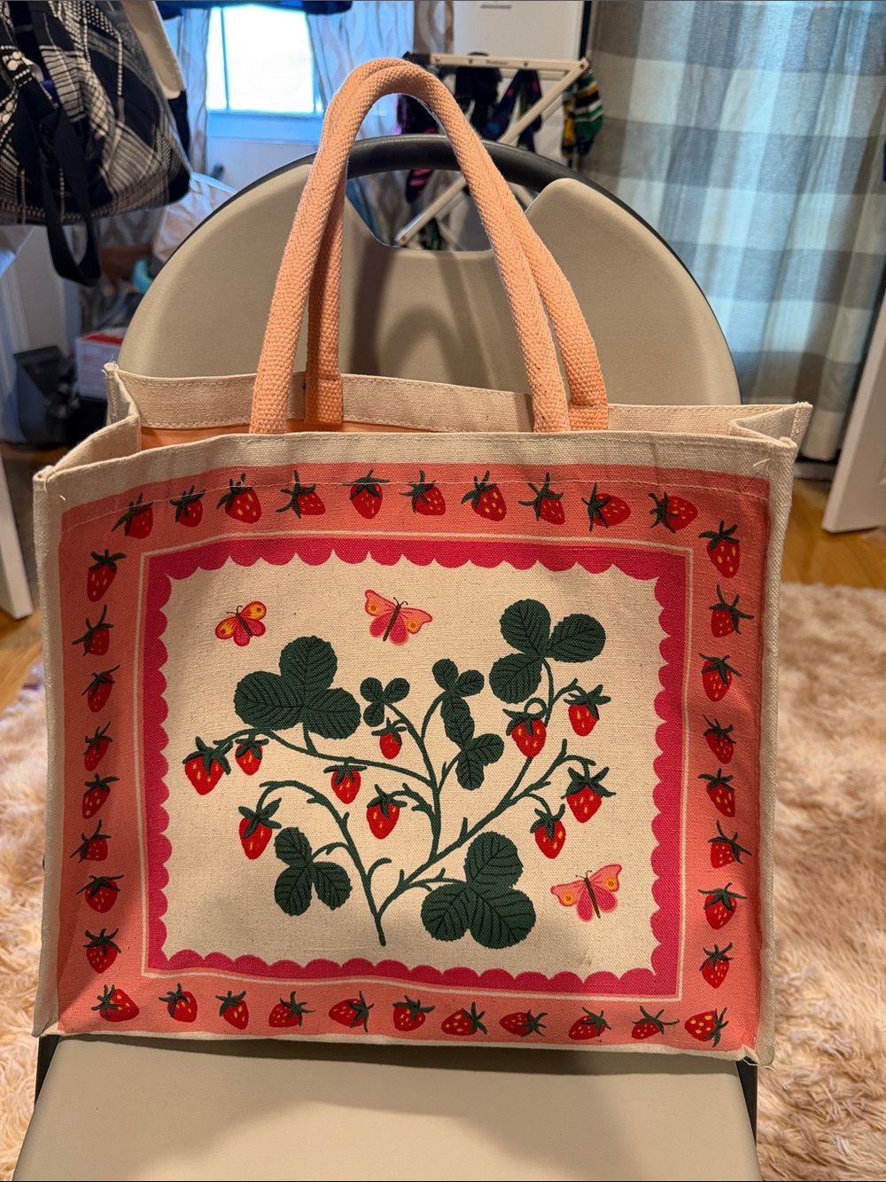 Canvas Strawberry Tote Bag in Pink and Cream - Charming Floral Print